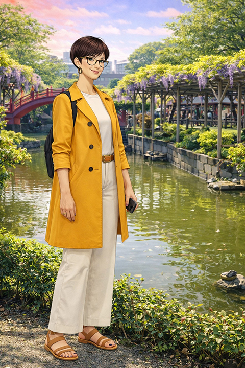 Glicini in fiore in un giardino di Tokyo con ponti rossi e atmosfera primaverile