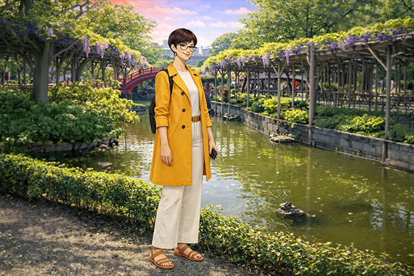 Glicini in fiore in un giardino di Tokyo con ponti rossi e atmosfera primaverile